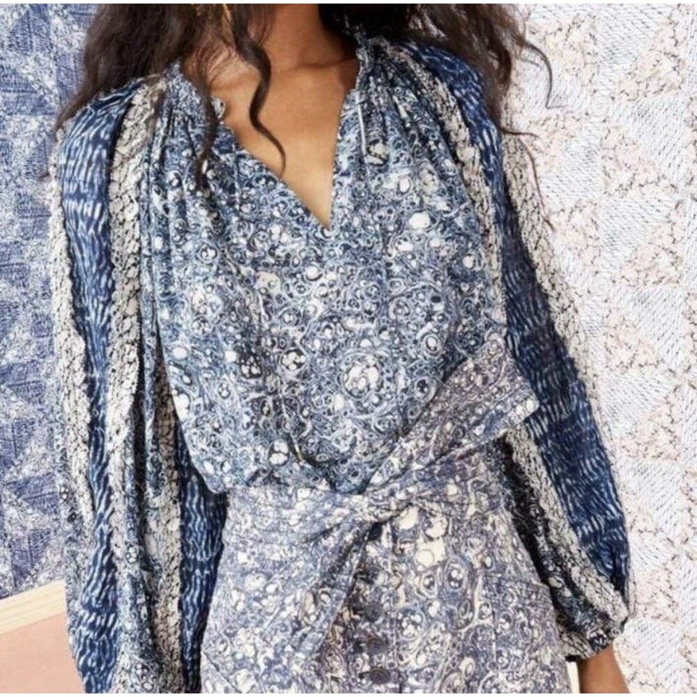 Ulla Johnson Kana Blouse Indigo Blue Peasant Top Ruffle Balloon Sleeve Size 0